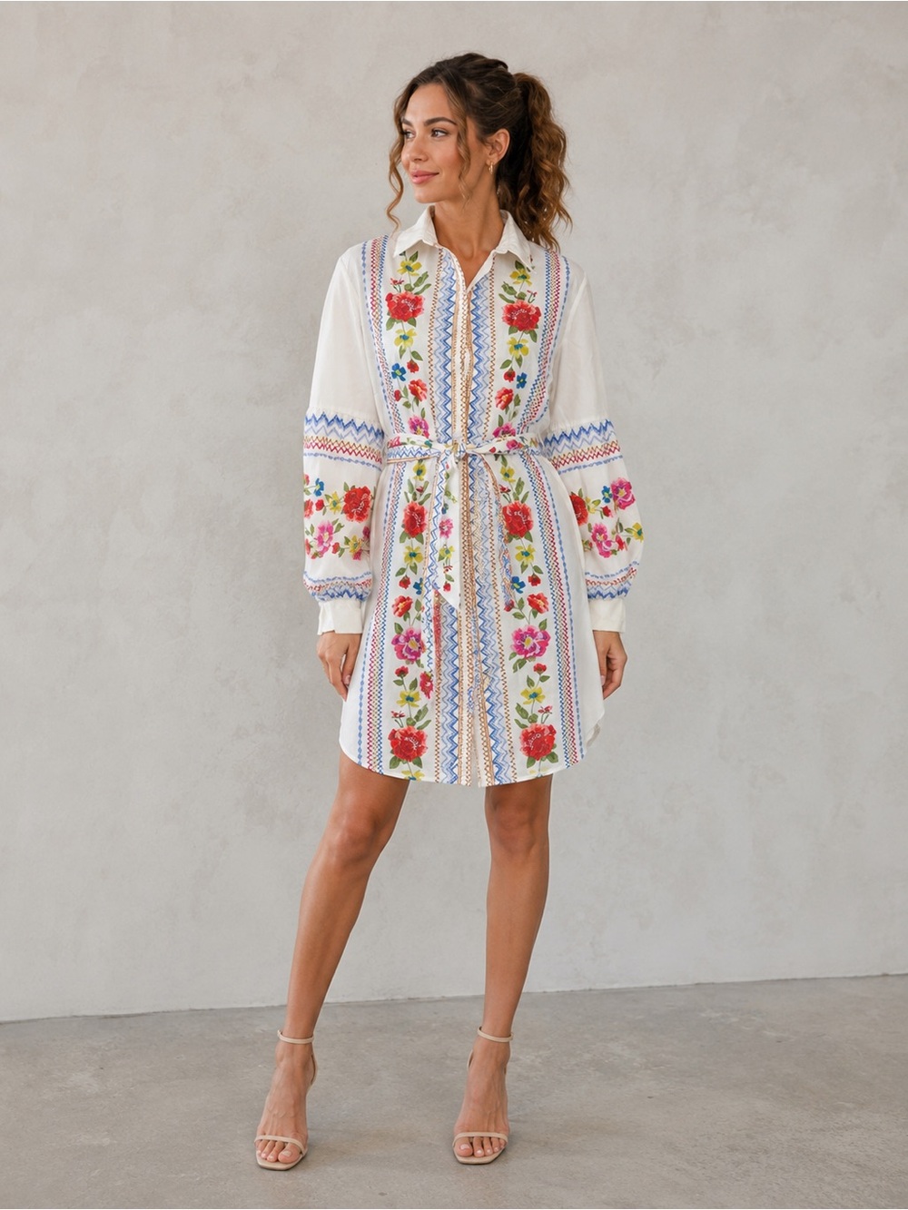 Jealous Tomato Floral and Embroidered print White Belted Shirt Dress
